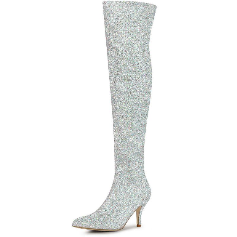 Allegra K Women's Glitter Pointed Toe Stiletto Heel Over the Knee High Boots, 1 of 8