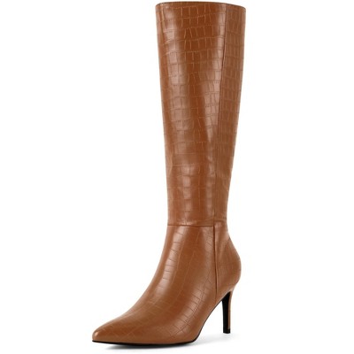 Perphy Women's Stone Pattern Pointy Toe Stiletto Heel Knee High Boots