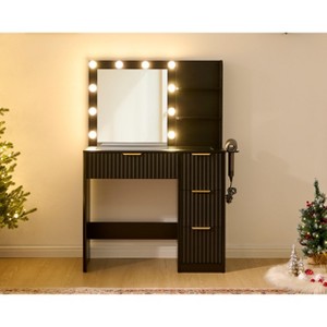 AMERLIFE Makeup Vanity Desk with Mirror & LED Lights, Drawers, Tempered Glass Top, Charging Station, Modern Bedroom Dressing Table - 1 of 4