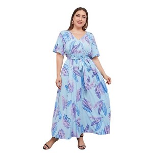 Plus Size Women's V Neck Maxi Dress Belted Waist Flowy Ankle Length Casual Elegant Party Dress - 1 of 4