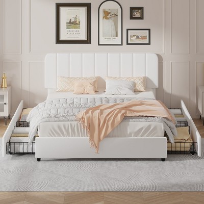 VECELO Upholstered Bed Frame with 1/4 Drawers and Adjustable Headboard, Twin/Full/Queen/King Platform Bed
