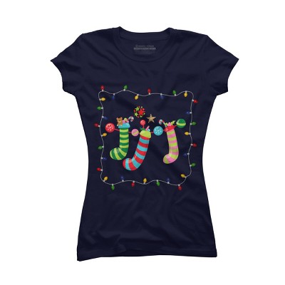Junior's Design By Humans Christmas Stocking with Christmas Lights By realdealclipart T-Shirt
