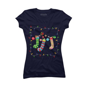 Junior's Design By Humans Christmas Stocking with Christmas Lights By realdealclipart T-Shirt - 1 of 3