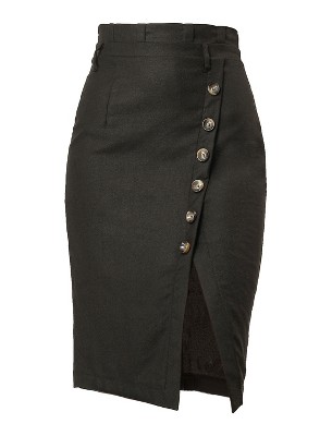 Allegra K Women's Vintage Button Decor Belted Split Front Knee Length Pencil Skirt
