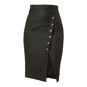 Allegra K Women's Vintage Button Decor Belted Split Front Knee Length Pencil Skirt - 1 of 4