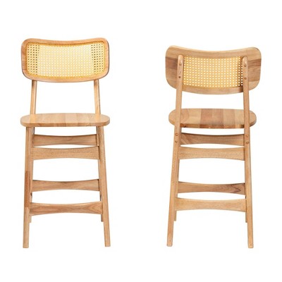 Baxton Studio Tadeo Wood and Rattan 2pc Counter Height Barstool Set Oak Brown/Light Brown: Mid-Century Design, Footrest