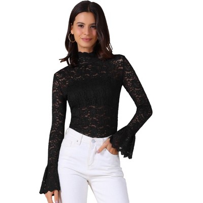 INSPIRE CHIC Women's Floral Lace Mesh Mock Neck Long Bell Sleeve Casual Dressy Blouse