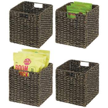 mDesign Seagrass Woven Kitchen Basket Organizer, Handles, 4 Pack, Black Wash