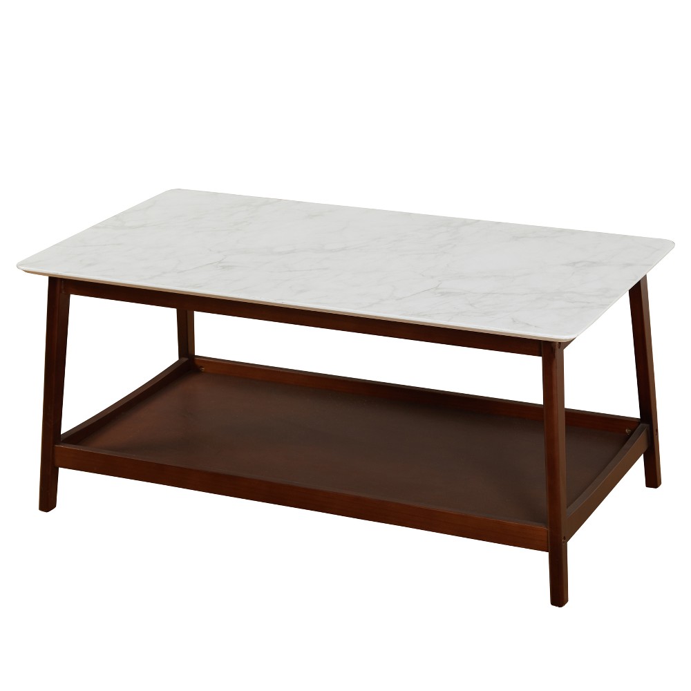 Buylateral Jhovies Coffee Table - Walnut: Faux Marble Top, Solid Wood Frame, Lower Storage Shelf