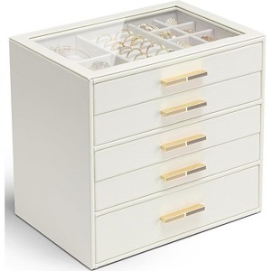 Jewelry Box with Glass Lid & 3 Drawers, Cloud White Organizer for Necklaces, Rings & Earrings, Mother's Day Gift - 1 of 4