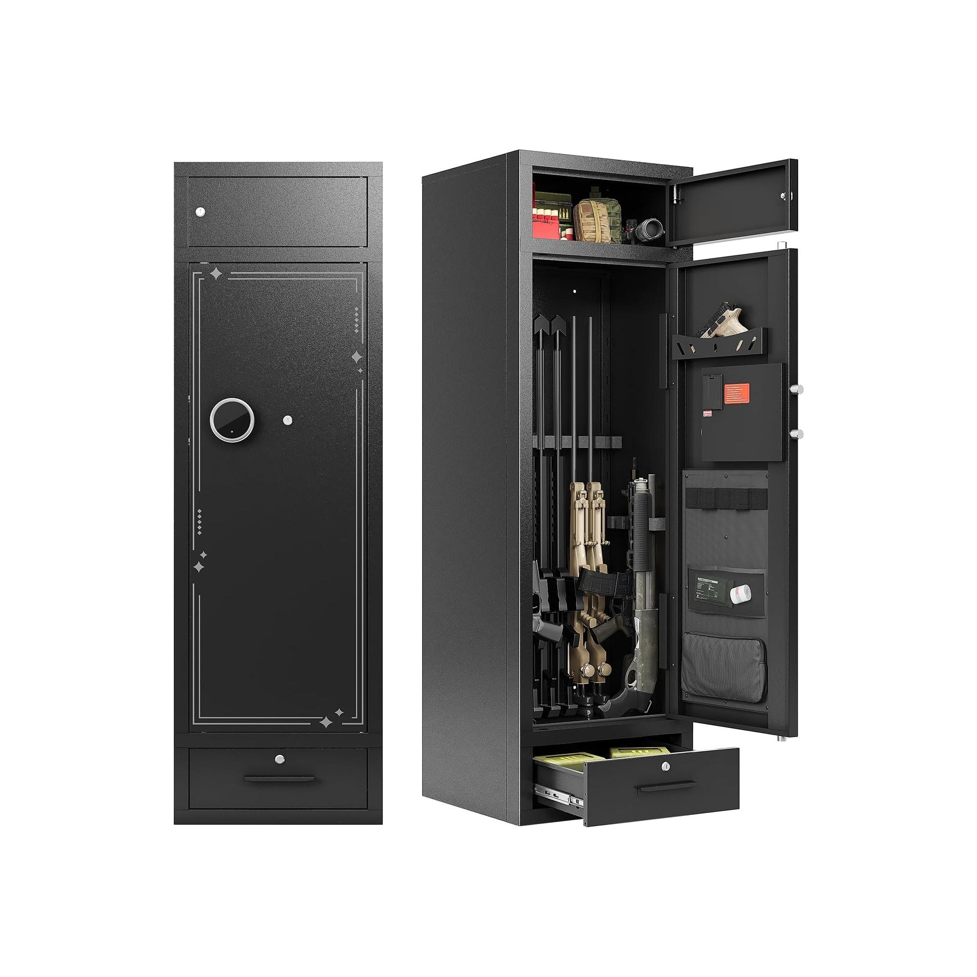 Zevemomo 10-12 Gun Cabinets for Home, Quick & Easy Access Gun Safe for Rifle and Handgun with LED Light & Drawer, Electronic Lock