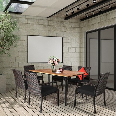 7-Piece Black Wicker and Acacia Wood Outdoor Dining Set