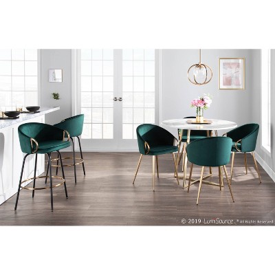 Emerald Green Velvet and Gold Metal Swivel Counter Stools, Set of 2