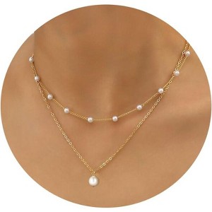 Summit Adventure 14K Gold Plated Pearl Necklace – Layered Herringbone Chain for Women, Trendy Jewelry Gift - 1 of 4