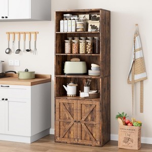 Farmhouse Style Brown Wood Bookcase with Doors - 4 Shelves, 11.8" Depth, 71.4" Height - for Living Room, Bedroom or Home Office Storage - 1 of 4