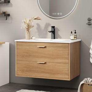 Bathroom Vanity with 2 Storage Darwers, Floating Wall Mounted Vanity with Sink, Faucet, Drain - 1 of 4