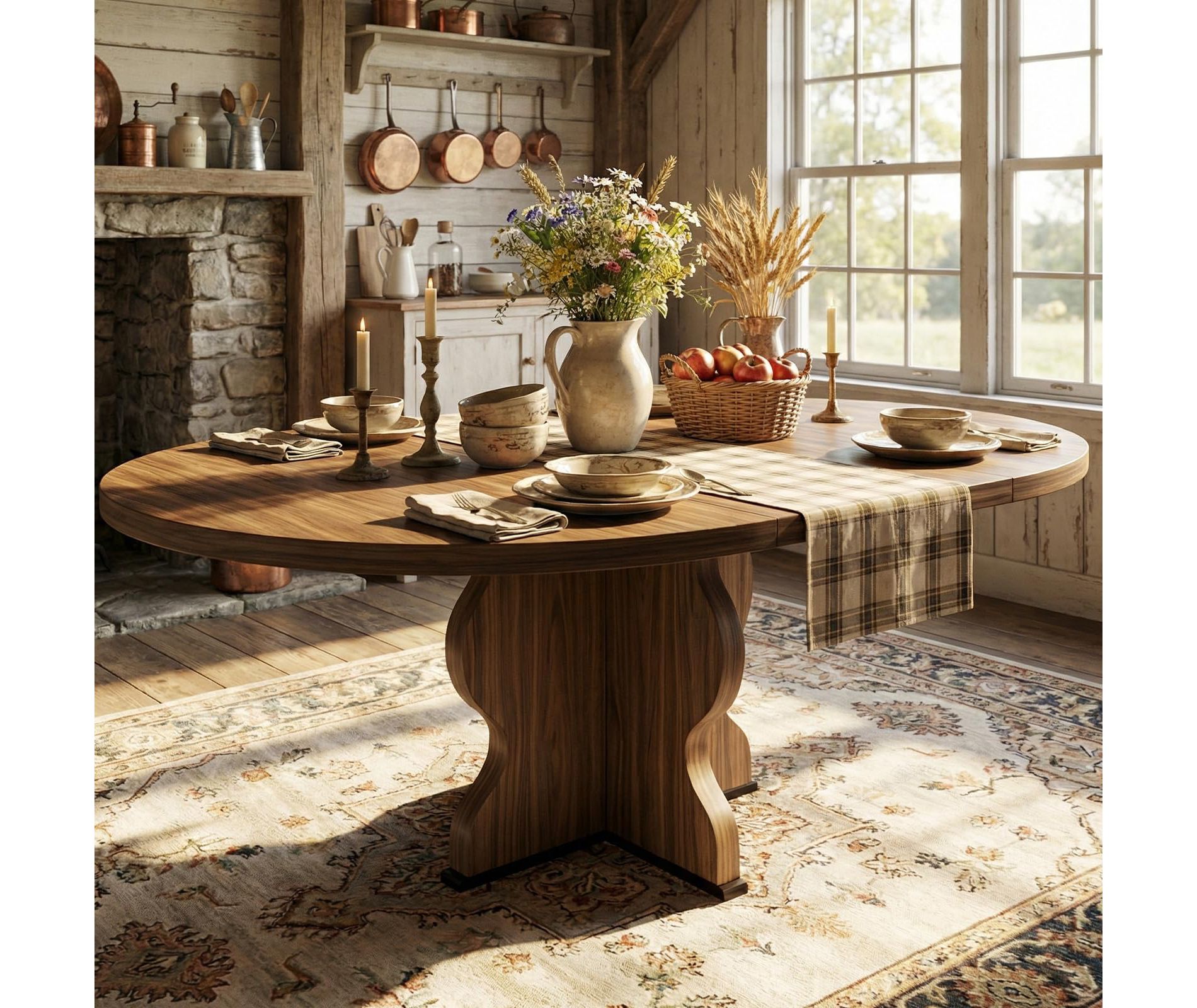 47"-63" Extendable Farmhouse Round Dining Table for 4-8, Wooden Oval with Wave Legs & Metal Base, Walnut