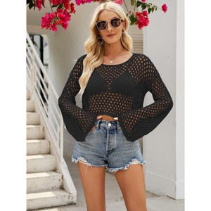 Women's Hollow Out Knitted Pullover Sweater Crochet Cropped Sweater Top Long Sleeve Casual Cover Up Top - 1 of 2