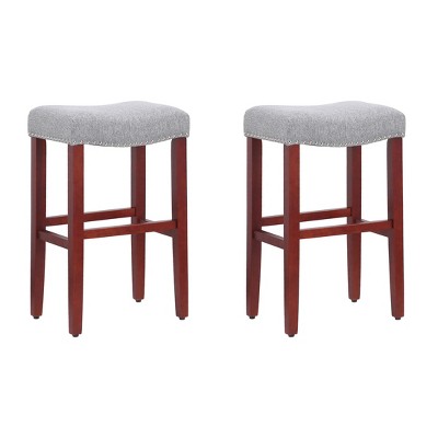 Modern Farmhouse 29" Gray Wood Upholstered Saddle Bar Stool - Set of 2