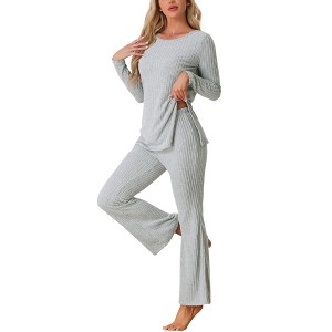 cheibear Women’s Ribbed Knit Long Sleeves Top and Pants Two Piece Pajama Sets - 1 of 4