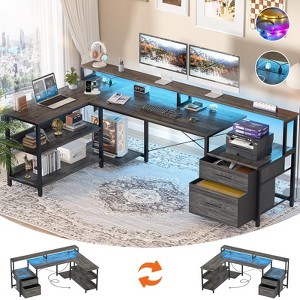 Aheaplus L-Shaped Computer Desk with Drawers and Monitor Shelf, Gaming Desks with LED Strip - 1 of 4