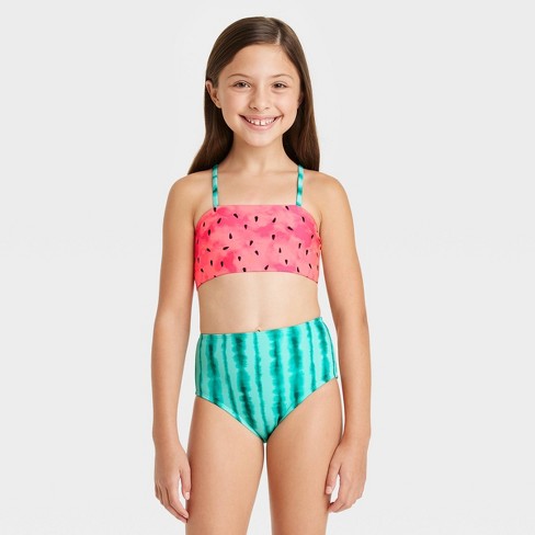 NATUST Girls Two Piece Bathing Suit Hawaiian Ruffle Swimwear Green
