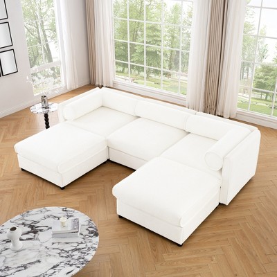DOMETOUR Elegant White Chenille U-Shaped 3-Seater Sofa with Ottoman, Cylindrical Backrest, Armrests, and Hidden Storage Compartment