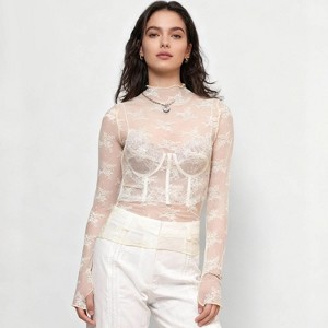 Women’s Floral Lace Slim-Fit Top – Sheer Stretch Tee with Baby Overlock Edge, Versatile Cherie Code - 1 of 4