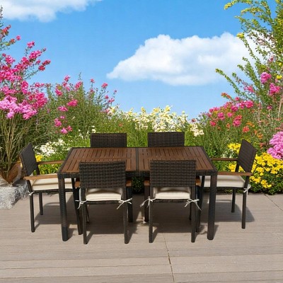 Mshliw 7-Piece Outdoor Patio Wicker Dining Set, Acacia Wood Tabletop with Brown Wicker Chairs & Cream Cushions for Garden, Balcony, or Porch