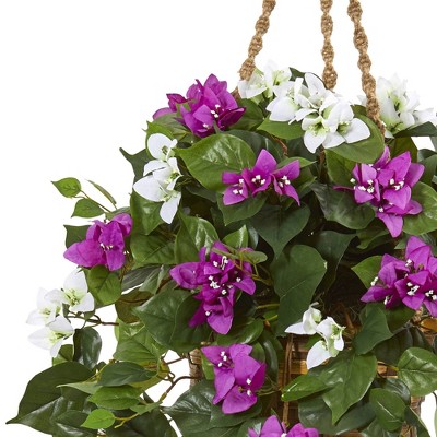 30" Purple and White Bougainvillea Artificial Hanging Plant with Rope Basket