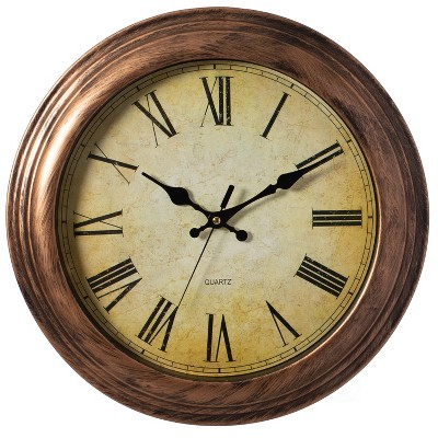 Clockswise 15.5 in Wall Clock Easy to Read Rustic Bronze Non-Ticking Large Roman Numerals Battery Operated Plastic Traditional Round