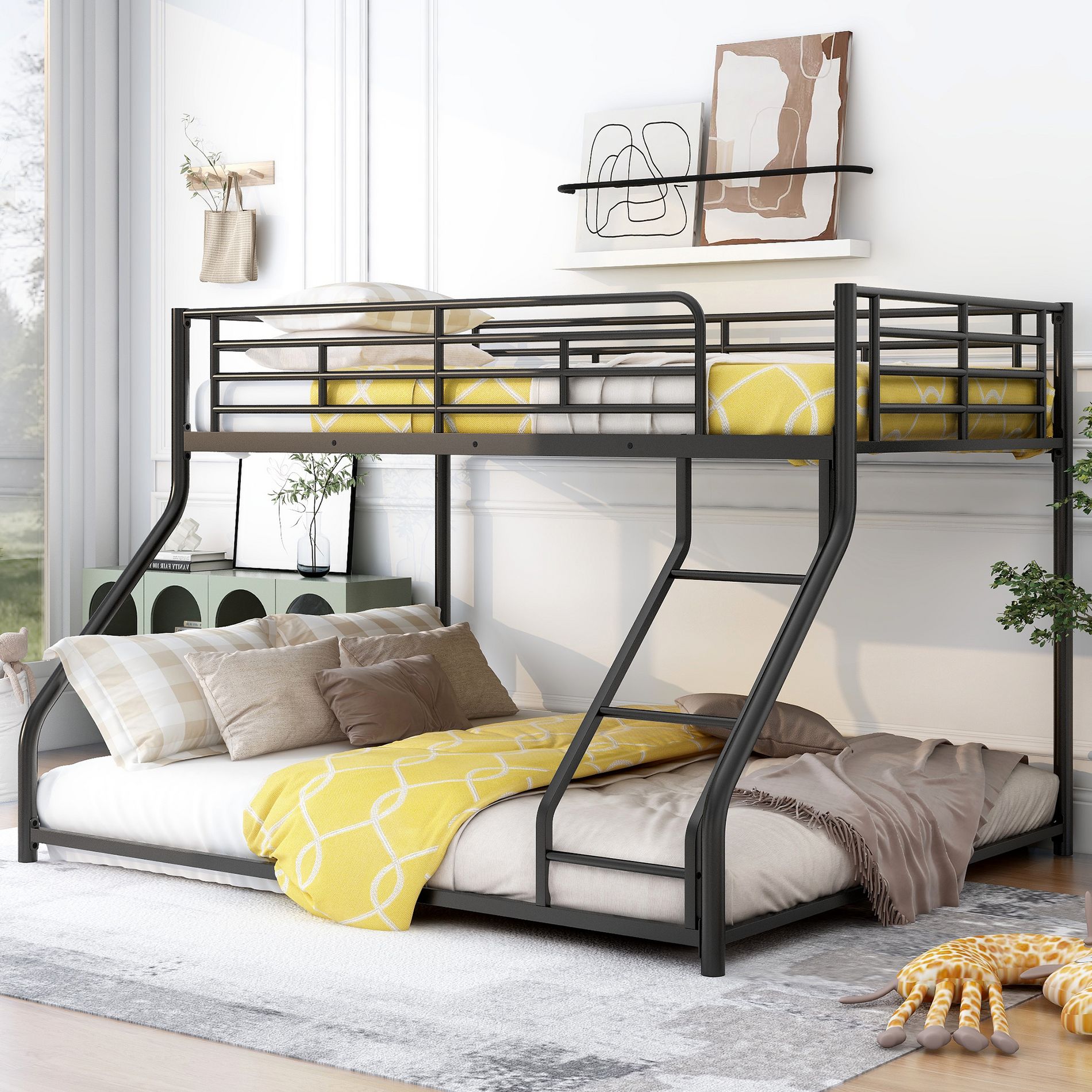 Twin XL over Queen/Full XL over Queen Size Bunk Bed, Metal Floor Bunk Bed, Black - ModernLuxe