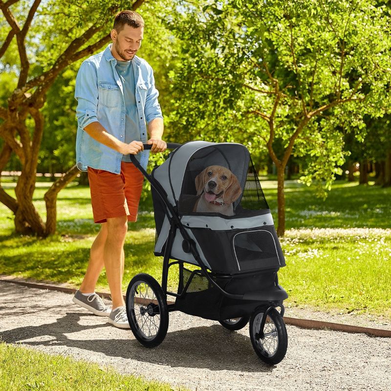 PawHut Pet Stroller for Small Dogs and Medium Dogs, Foldable Cat Pram, Dog Pushchair with Adjustable Canopy, 3 Big Wheels, 3 of 7