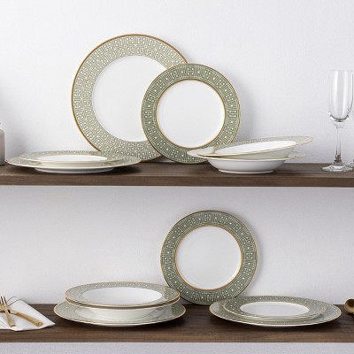 Green and Gold Porcelain 12-Piece Dinnerware Set, Service for 4