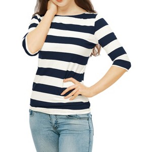 INSPIRE CHIC Women's Stripes Casual Basic Elbow Sleeves Boat Neck Slim Fit T-Shirts - 1 of 4