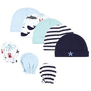 Hudson Baby Infant Boy Cotton Cap and Scratch Mitten Set, Ocean Friends, 0-6 Months - 1 of 4