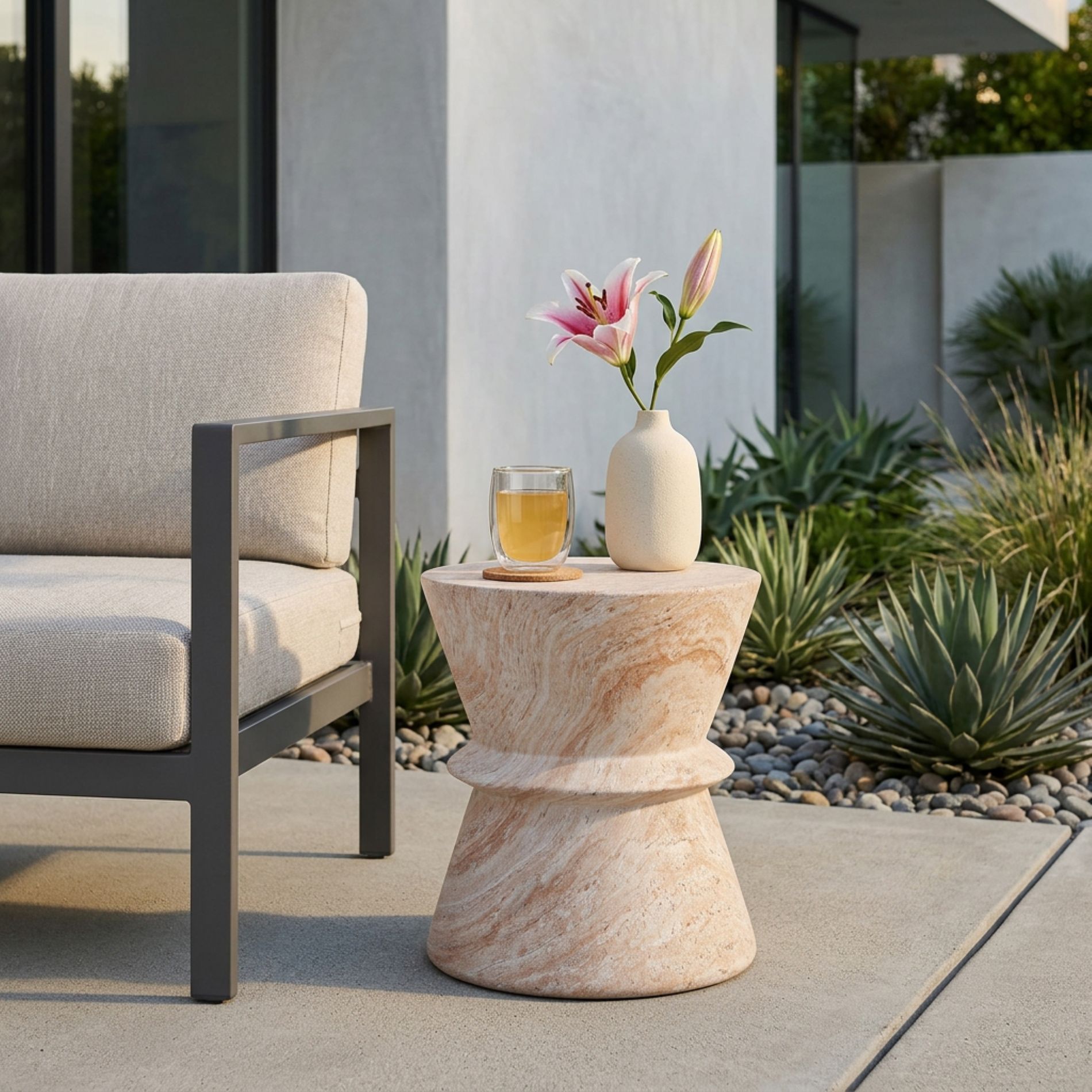 ModernLuxe Lightweight Concrete Side Table, Travertine Finish Patio Accent Table, Hourglass End Table Indoor/Outdoor Side Table, Beige