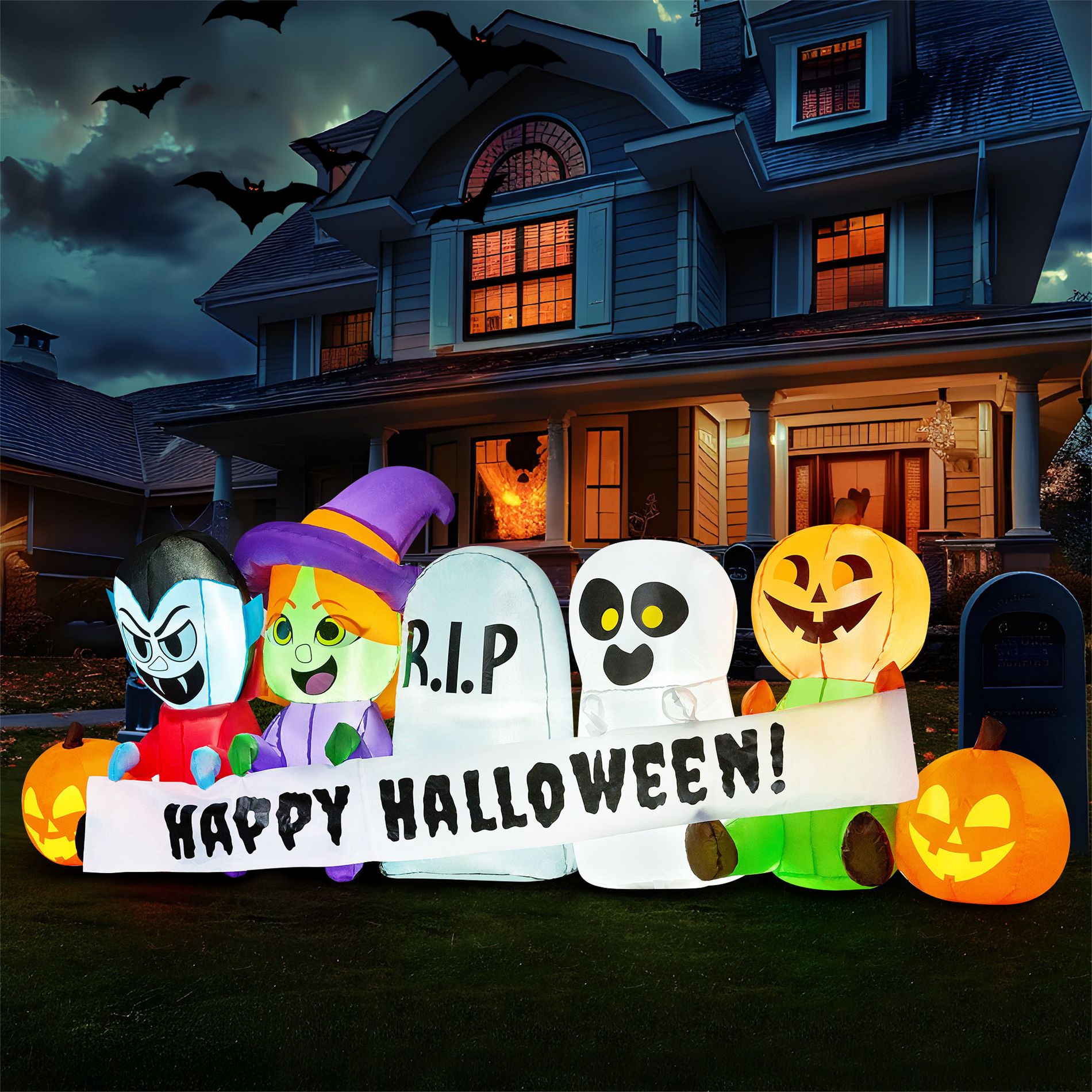 Joyfy 8 FT Long Inflatable Halloween Outdoor Decorations, Inflatable Pumpkin Ghost Vampire Witch Tombstone with LEDs for Yard Garden Lawn Decorations