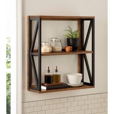 Rustic Brown and Black 3-Tier Floating Wood Wall Shelf