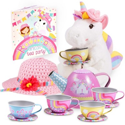 Tickle & Main Rainbow Unicorn Tea Party Gift Set, Tea Set for Little Girls with Unicorn Plushie