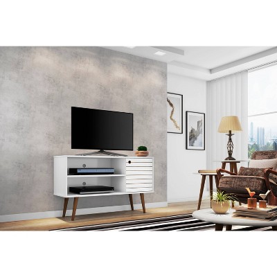Sleek White Mid-Century Modern TV Stand with Cabinet and Shelves