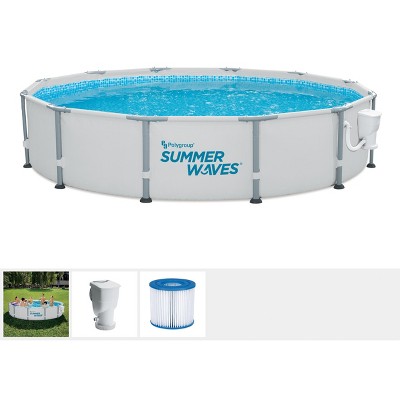 Summer Waves Elite 12 Foot x 30 Inch Metal Frame Outdoor Backyard Above Ground Swimming Pool Set with Filter Pump, Type D Cartridge, and Repair Patch