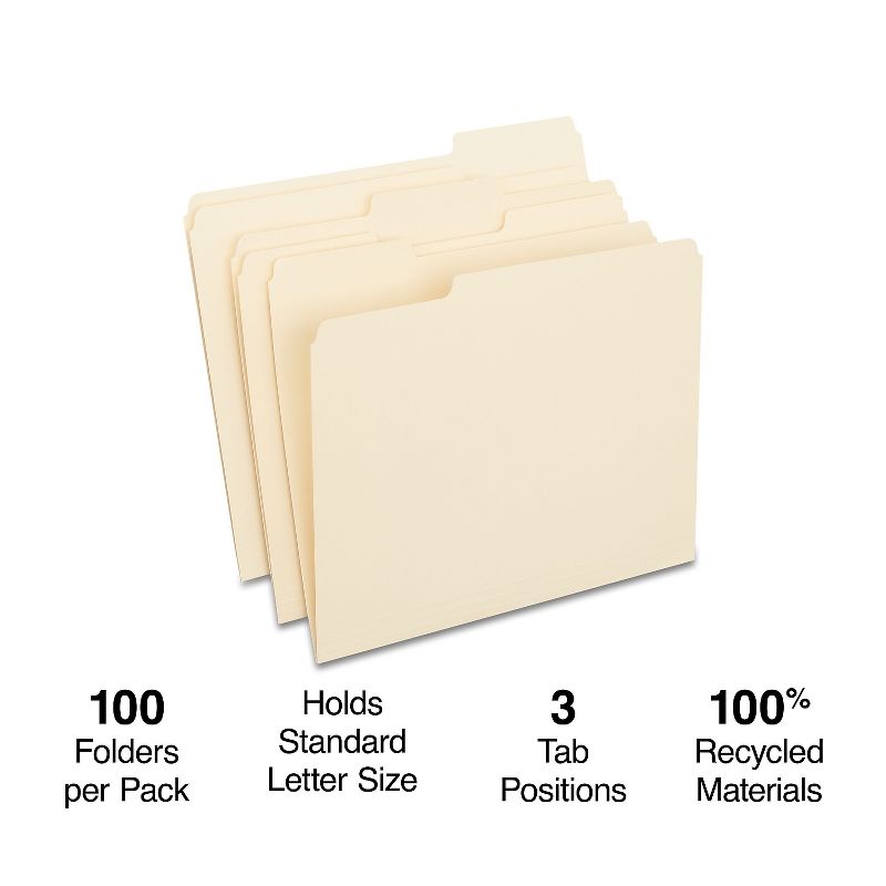 Staples 100% Recycled Manila File Folders Letter 3-Tab 100/Box (246850) TR246850-CC, 2 of 9