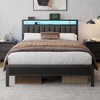 Queen Size bed frame with charging station and LED light gray upholstered headboard two-tier storage shelves no spring mattress required - 2 of 4