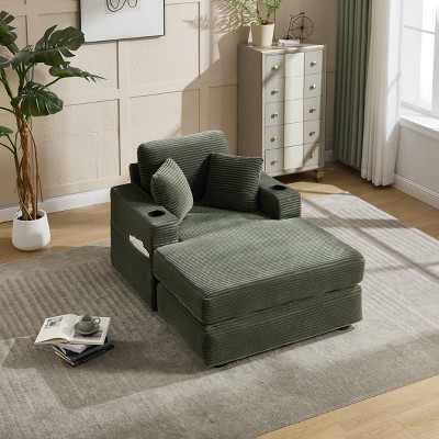 Vynxaria Modern Minimalist Corduroy Chaise Lounge Sofa -Detachable Cushions, Magazine Bag, Dual Cup Holders, Deep Seat for Living Room/Office