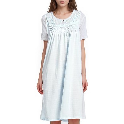 YafeMarte Women’s Sleeveless Cotton Blend Nightgown with Embroidered Yoke, Lace Trim, and Keyhole Bow Design