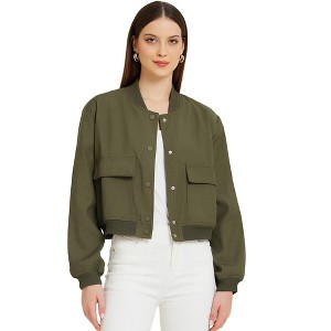 Allegra K Women's Button Down Stand Collar Long Sleeve Casual Cropped Bomber Jacket - 1 of 4