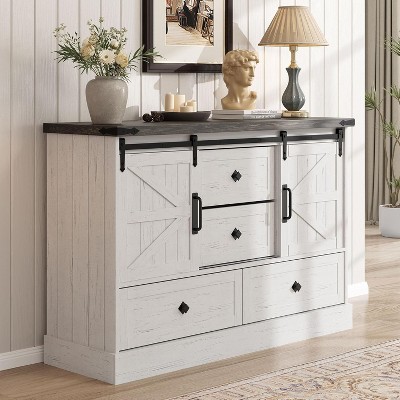 Farmhouse 4 Drawer Dresser for Bedroom, 45" Wood Dressers with Sliding Barn Doors, TV Stand with Large Drawers & Bar Handles