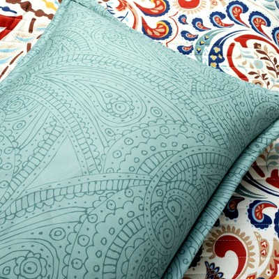 Seafoam and Red Boho Chic Reversible Cotton Full Quilt Set