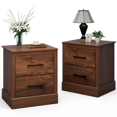 Tangkula Set of 2 Drawer Nightstand Bedside Table Compact Sofa End Table Rustic Walnut